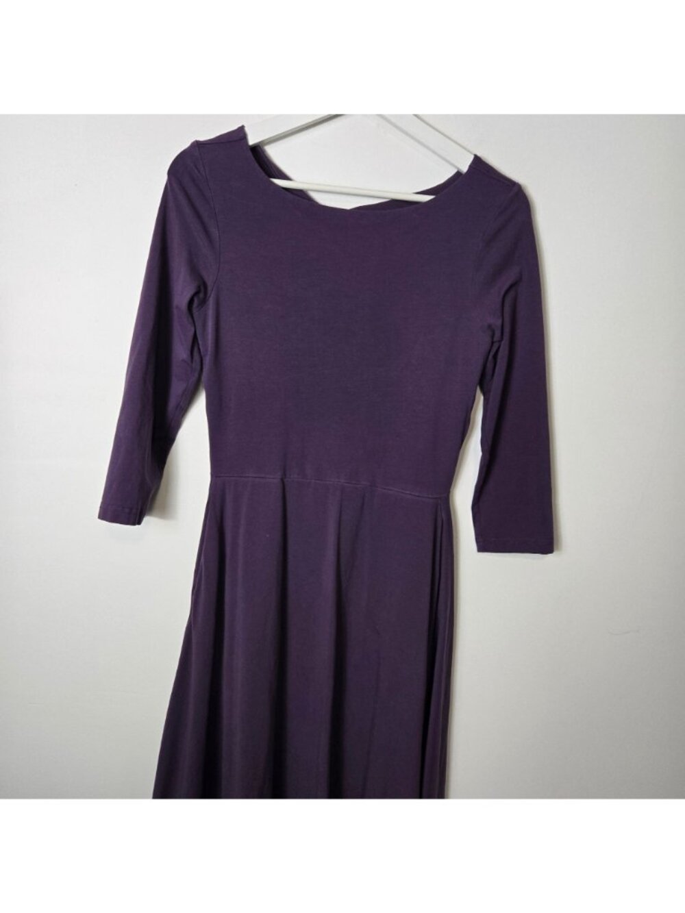 Pact Size S Open-Back Midi Dress 3/4 Sleeve Organic Cotton Wine Purple Fit Flare - Picture 6 of 11